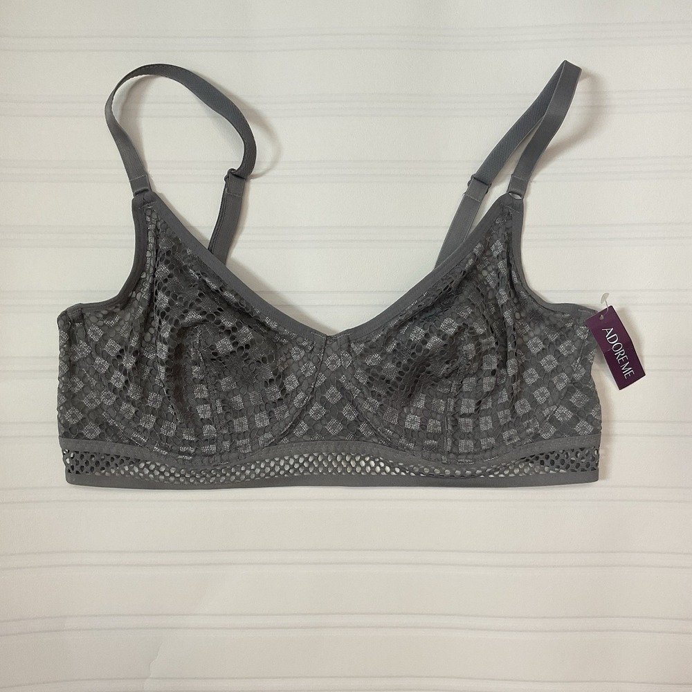 Adore Me Tatum Gray Bra 36D Underwire Sheer Lace Unlined Cups Adjustable Straps‎